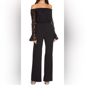 Adrianna Papell Off the Shoulder Lace Sleeve Jumpsuit Black Size 4 Formal Event